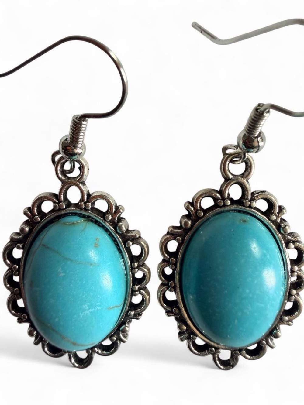 Handmade Artisan Turquoise & Silver Filigree Earrings - Picture 4 of 5